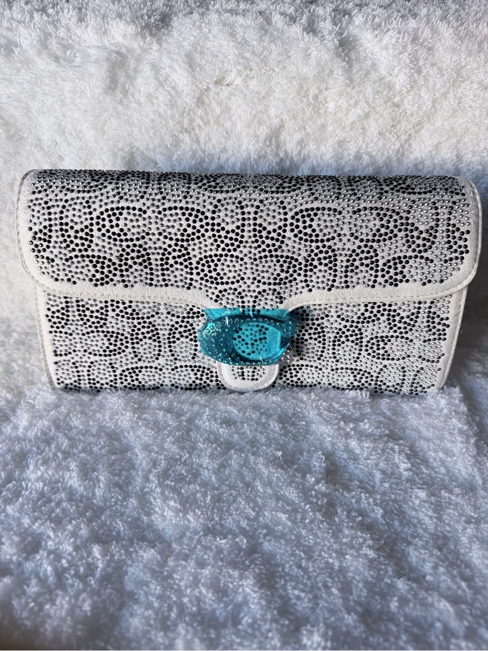 White & Black Crystal-Embellished Logo Clutch with Silver Accent